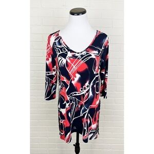 Clara Sun Woo Split Hem Stretchy 3/4 Sleeve Top Navy Blue Orange White Small
